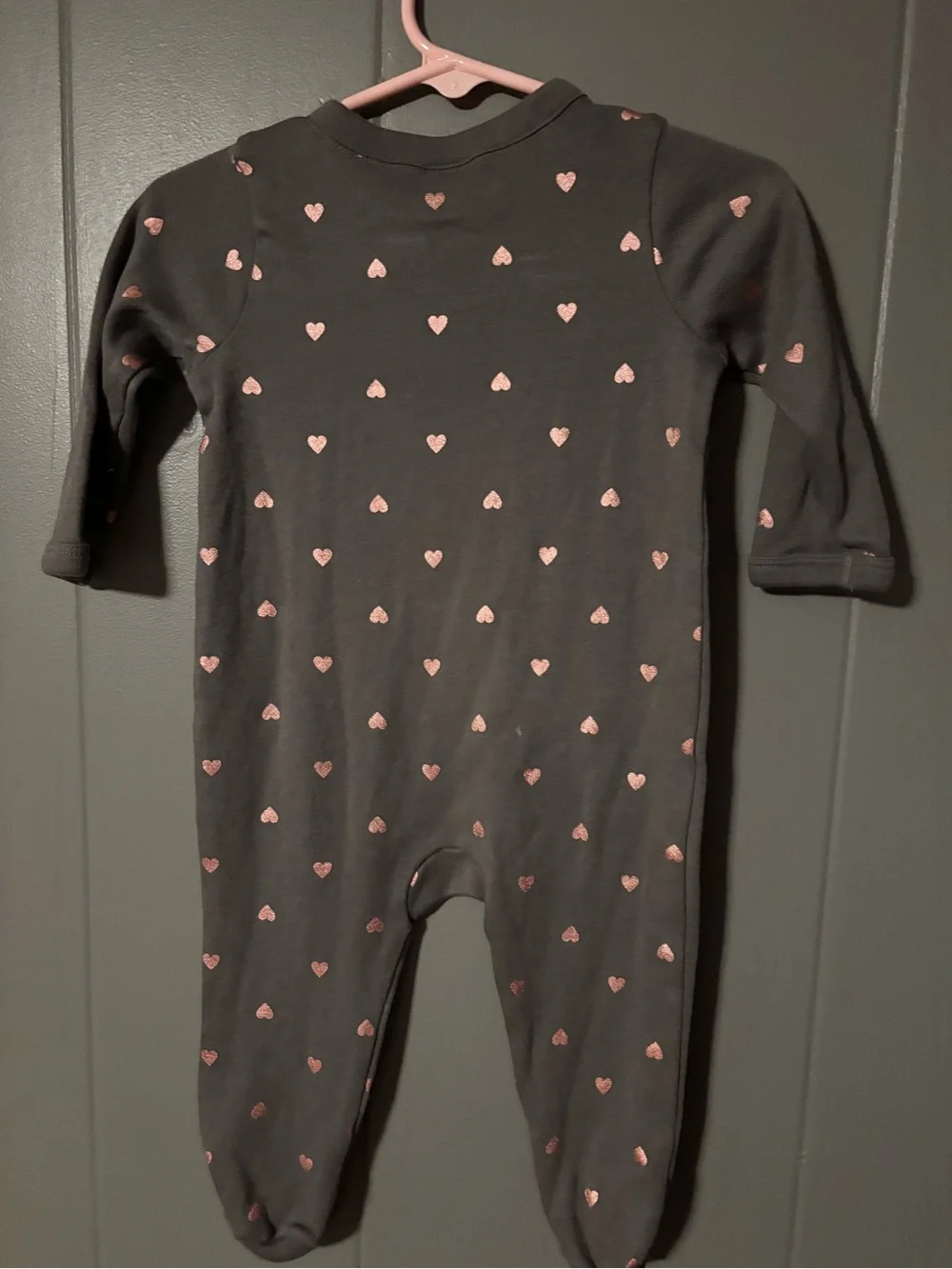 Nordstrom Gray Footed One-Piece with Pink Heart Print